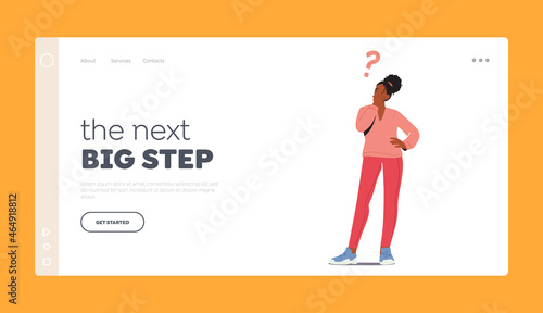 Doubts and Confusion Landing Page Template. Female Stand Under Question Mark Thinking Idea, Choose Right Solution