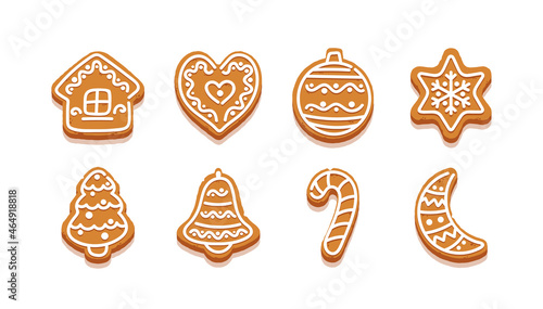 Gingerbread Cookies, Cartoon Sweets in Shape of Star, Christmas Tree and Heart, Ginger House, Bell, Candy Cane and Moon