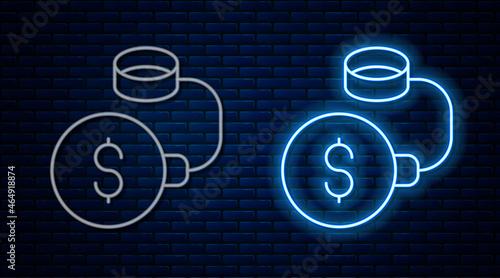 Glowing neon line Debt ball chained to dollar coin icon isolated on brick wall background. Big heavy debt weight with shackles and money. Financial crime, fee, crisis. Vector