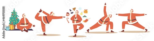 Set of Santa Claus Doing Yoga Poses. Christmas Character Meditate and Relax at Xmas Tree. Winter Holiday Sport