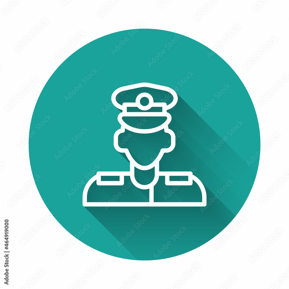 White line Pilot icon isolated with long shadow background. Green circle button. Vector White line Pilot icon isolated with long shadow background. Green circle button. Vector