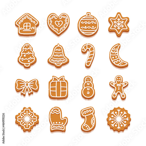 Christmas Cookies, Gingerbread Bakery, Cartoon Sweets in Shape of Star, Fir-Tree and Heart, Ginger Man and House or Bow