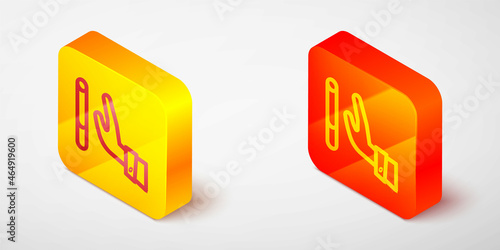 Isometric line Giving up cigarette icon isolated on grey background. Tobacco sign. Smoking symbol. Healthy lifestyle. Yellow and orange square button. Vector