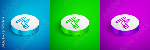 Isometric line Giving up cigarette icon isolated on blue, green and purple background. Tobacco sign. Smoking symbol. Healthy lifestyle. White circle button. Vector