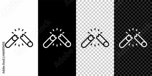 Set line Broken cigarette icon isolated on black and white, transparent background. Tobacco sign. Smoking symbol. Vector