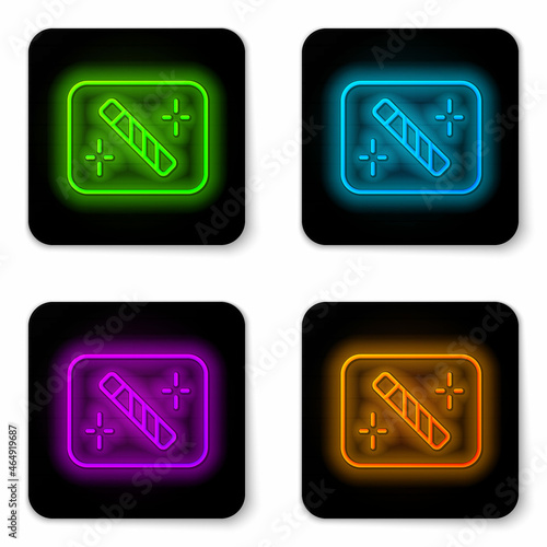 Glowing neon line Photo retouching icon isolated on white background. Photographer, photography, retouch icon. Black square button. Vector