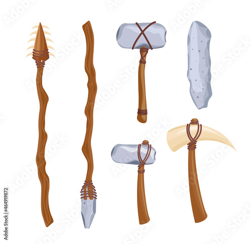 Set Stone Age Tools, Archaeology Ancient Primal Weapons with Wooden Handles and Leather Strapping Isolated on White