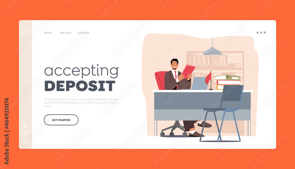 Accepting Deposit Landing Page Template. Bank Worker Sitting Workplace Hold Folder. Banking Assistant, Providing Service Accepting Deposit Landing Page Template. Bank Worker Sitting Workplace Hold Folder. Banking Assistant, Providing Service