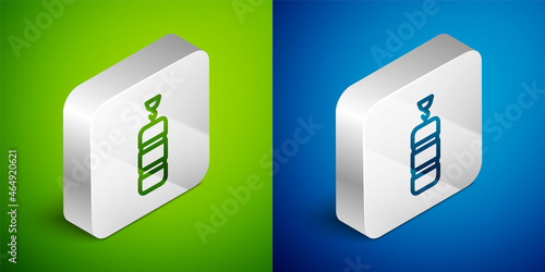 Isometric line Punching bag icon isolated on green and blue background. Silver square button. Vector