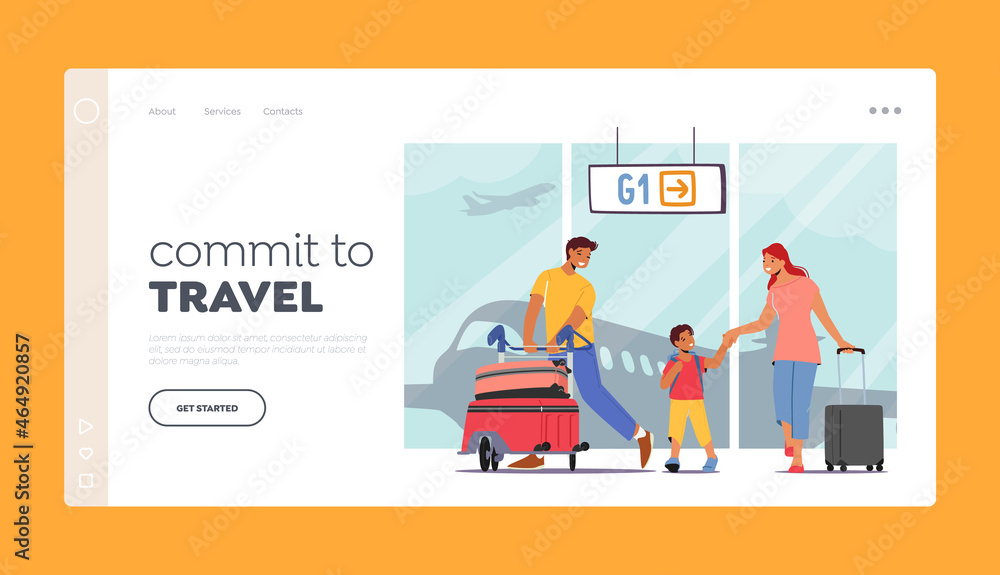Family Travel with Child .Landing Page Template. Father, Mother and Son Traveling Together. Parents and Kid in Airport