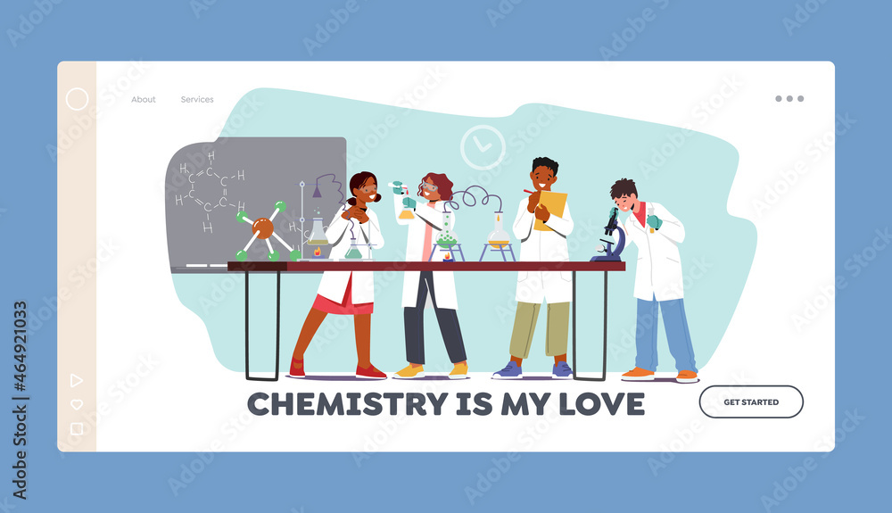 Chemist Students Landing Page Template. Kids Experiment in Laboratory, Children Characters Study Chemistry in Classroom Chemist Students Landing Page Template. Kids Experiment in Laboratory, Children Characters Study Chemistry in Classroom