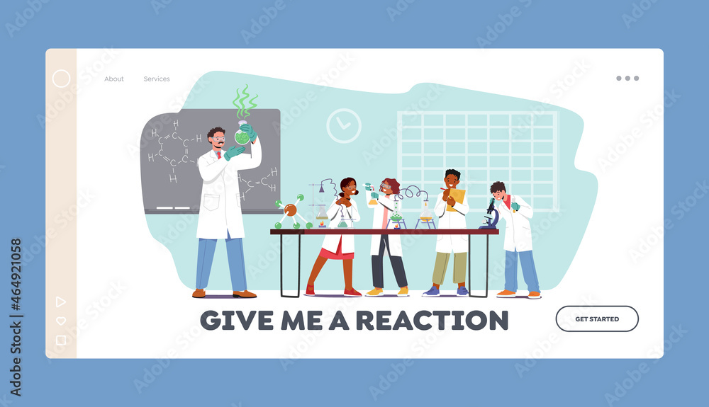 Little Researchers Conduct Experiment in Chemistry Class Landing Page Template. Schoolkids Characters with Teacher