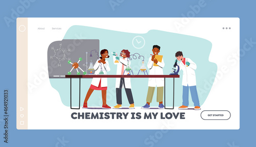 Chemist Students Landing Page Template. Kids Experiment in Laboratory  Children Characters Study Chemistry in Classroom