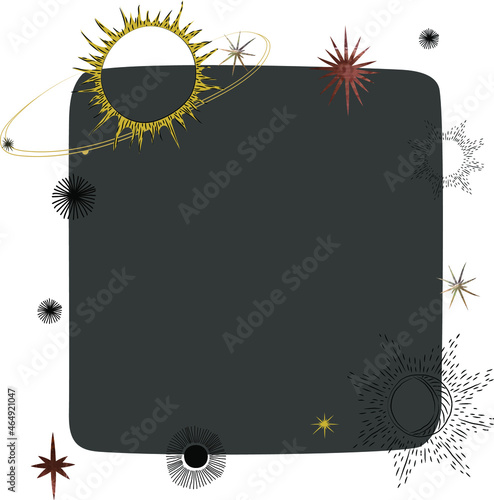 A frame with a golden sun and a boho-style satellite on a dark gray background. Vector illustration for an invitation to a themed party of a young astrologer, for Christmas.