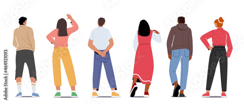 Set People Stand in Row Back View, Male Female Characters Wear Fashioned Clothes Rear View Isolated on White Background