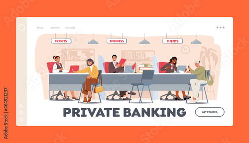 Private Banking Landing Page Template. People at Bank Office. Characters Use Finance Services. Client Talk to Managers