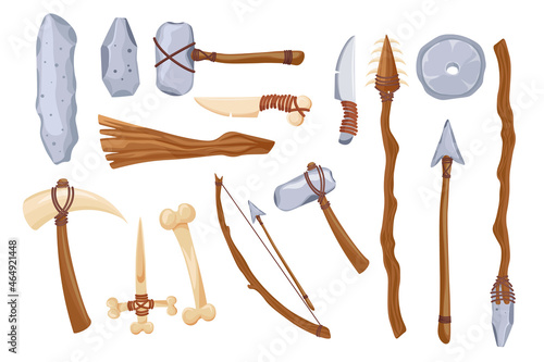 Set Primal Stone Age Tools and Weapon Isolated on White Background. Primitive Wheel, Wooden Bow with Arrow, Knife or Axe