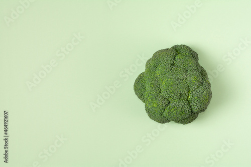 Top view fresh green broccoli vegetable on pale green. Broccoli cabbage head on a colored background. Flat lay. Copy space. Healthy or vegetarian food concept