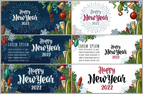 Poster Happy New Year 2022 calligraphy lettering with night city