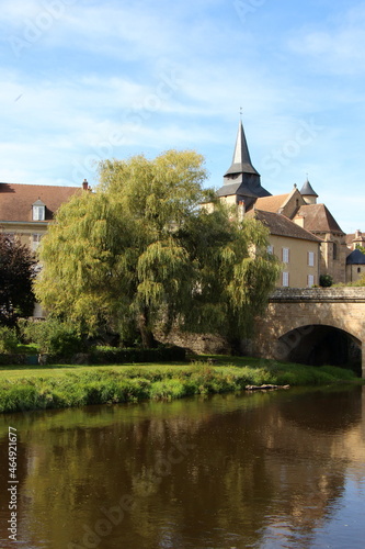 La Celle Dunoise in France, bridge, church and buildings