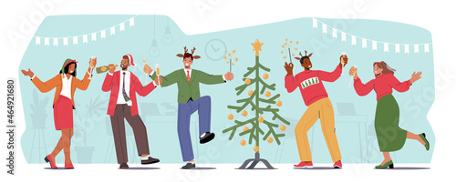 Business People Celebrating Corporate New Year Party with Champagne Glasses and Fir-Tree. Happy Colleagues Team