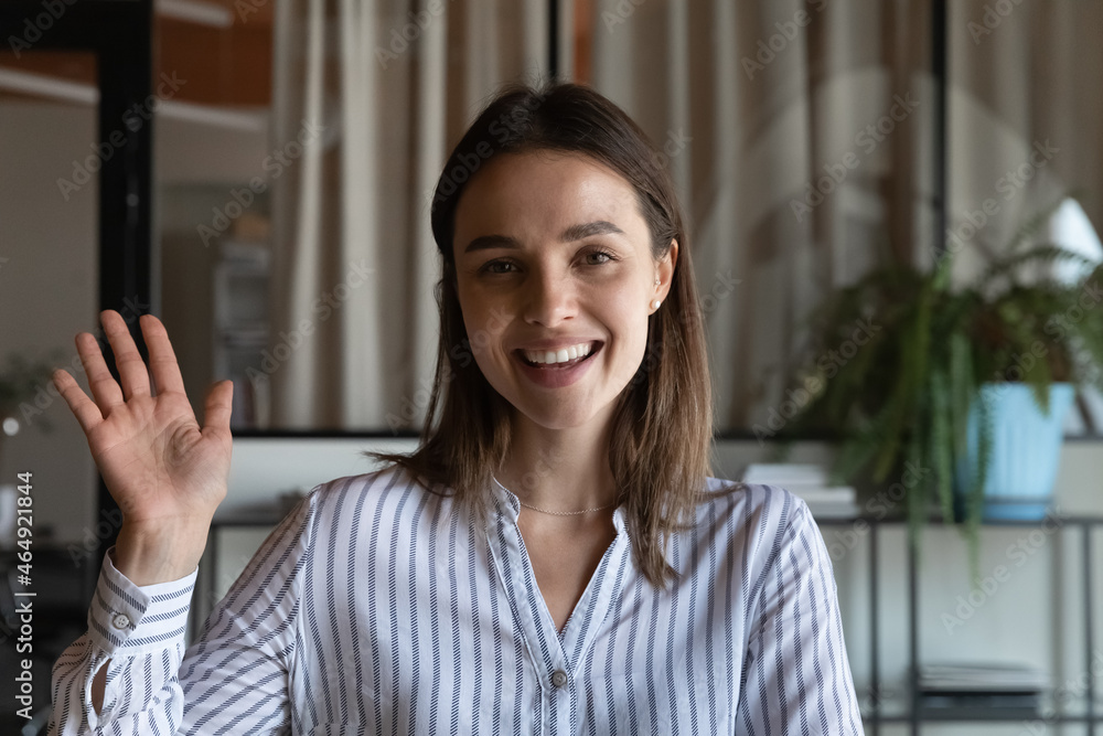 Welcome on business channel. Screen portrait of smiling female presenter speaker expert wave hand to camera record vlog or training. Pleasant young woman employee greet dialogue partner by video call