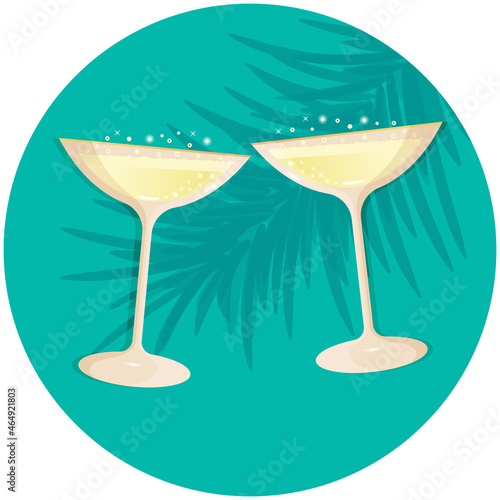 Champagne saucer glasses icon vintage style. Cheers champagne glasses coupes on the on the background silhouette of spruce. Clink flutes of bubbly champagne vector illustration.