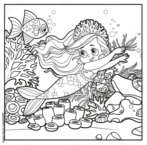Cute little mermaid girl in coral tiara swims racing outlined for coloring page on seabed with corals and algae background