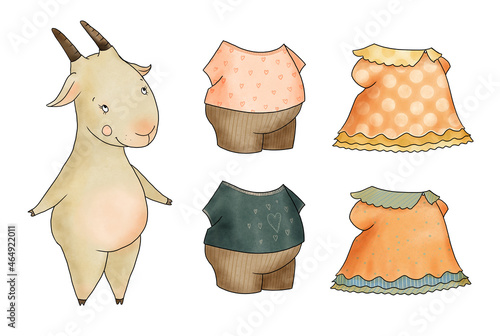 girl dressing game Nice sweet little goat with various clothes. Wardrobe dressing set, hand painted watercolor isolated on white background photo