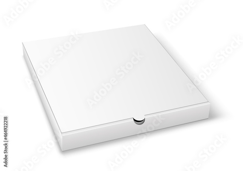 Pizza box mockup. White carton package for food delivery template for branding and restaurant emblem
