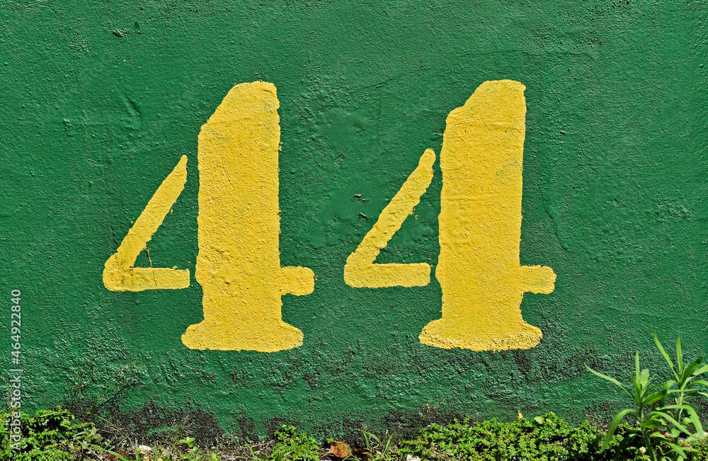 Number 44 painted in yellow on a green wall