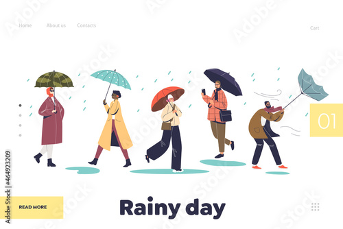 Fototapeta Rainy day concept of landing page with autumn weather: people walk holding umbre