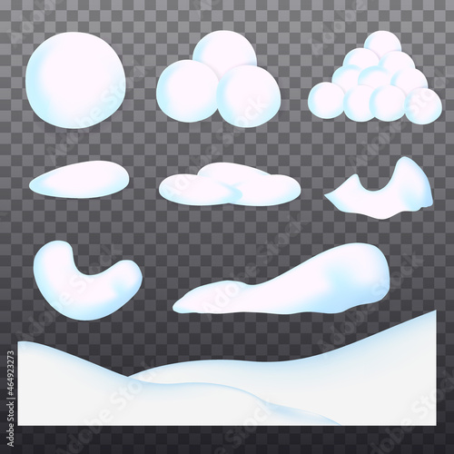 Snow caps, snowballs and snowdrifts set. Vector snowy pile, snowfall  isolated on transparent background. Winter decoration elements. Cartoon illustration