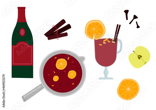 Vector mulled wine, traditional winter hot drink, set of ingredients for milled wine cooking in flat style isolated on white background