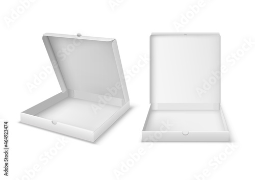 Open and closed cardboard pizza boxes. White carton package template for restaurant delivery