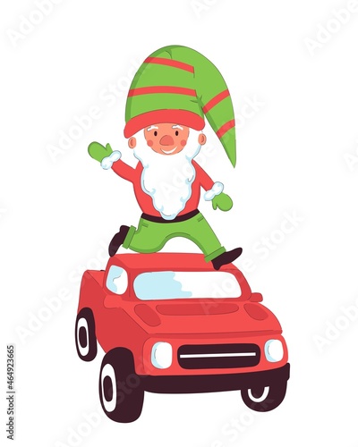 Christmas scandinavian gnome driving in pickup truck. New year childish illustration  holiday print and card