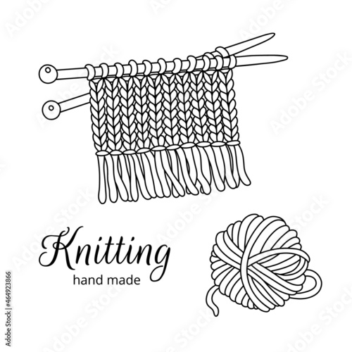 Outline Knitting tools set. Wool Yarn Skein, Knitted fabric in progress with Needles. Needlework, Handmade, Hobby. Hand drawn cute design elements isolated for knitters store, label, emblem, coloring photo
