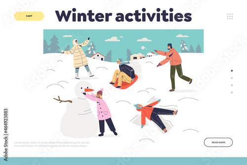 Winter activities landing page with kids have fun play snowballs, make snowman and snow angel