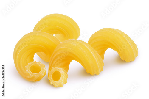 raw pasta cavatappi isolated on white background with clipping path and full depth of field.