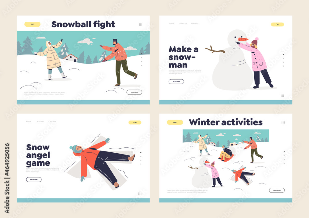 Winter outdoor activity for kids concept of landing pages with happy children enjoy playing outside