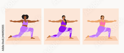 Illustration set of diverse women wearing bright sportswear doing yoga pose