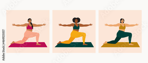 Illustration set of diverse women wearing bright sportswear doing yoga pose
