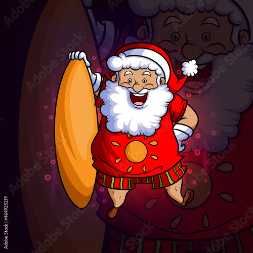 The santa clause with the surfing board esport mascot design