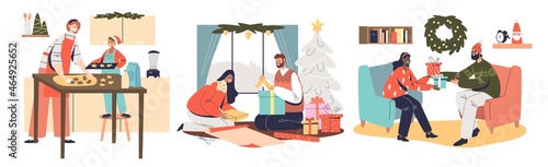 People prepare for christmas: bake gingerbread cookies, wrap and exchange gifts, decorate pine tree