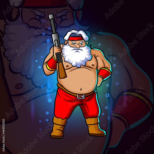 The angry santa soldier holds the gun esport logo design