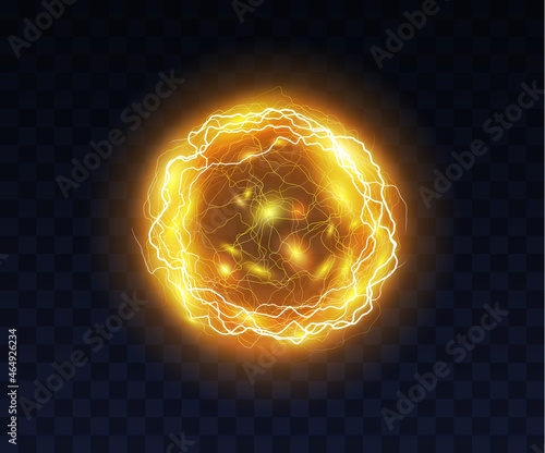 Electric ball, lightning circle strike impact place, plasma sphere isolated on dark background