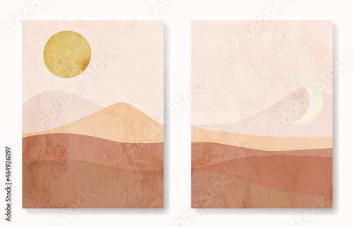Art abstract aesthetic background with desert dunes sun and moon. Mid Century print for home decor and design