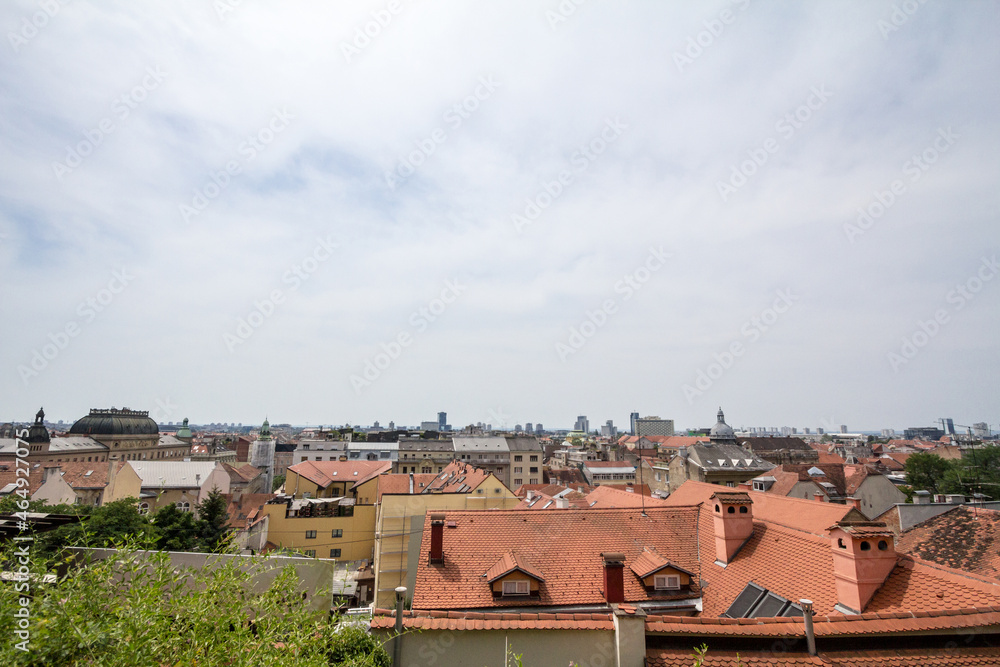 Aerial view of the city center and the lower town (donji grad) of Zagreb, Croatia, and its skyline seen from Kaptol, the historical district of the Croatian capital city....