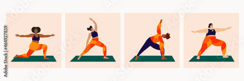 Illustration set of diverse women wearing bright sportswear doing yoga pose