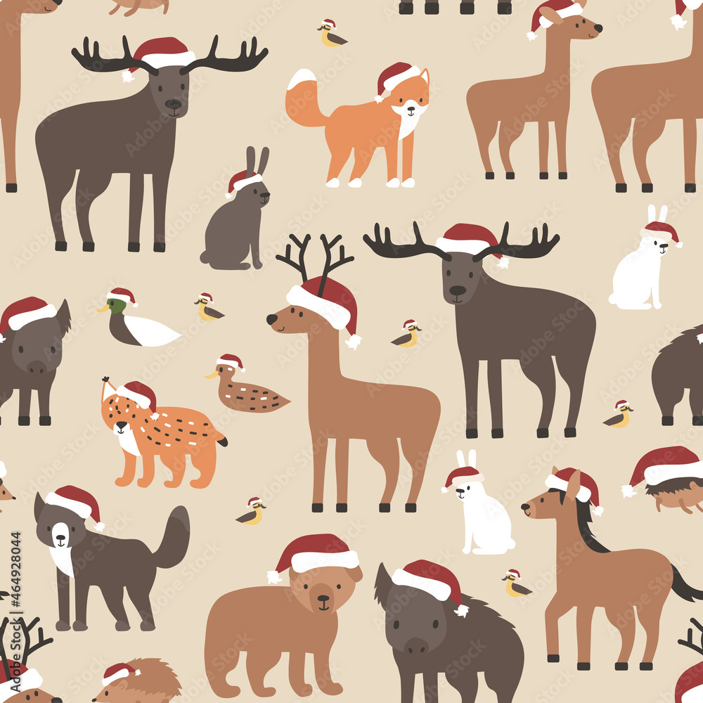 Christmas forest animals seamless pattern in Santa hats. Cartoon isolated vector fox wolf bear cub, elk, deer, fallow deer, hedgehog, hare, duck, duckling, lynx, horse, wild boar Christmas forest animals seamless pattern in Santa hats. Cartoon isolated vector fox wolf bear cub, elk, deer, fallow deer, hedgehog, hare, duck, duckling, lynx, horse, wild boar